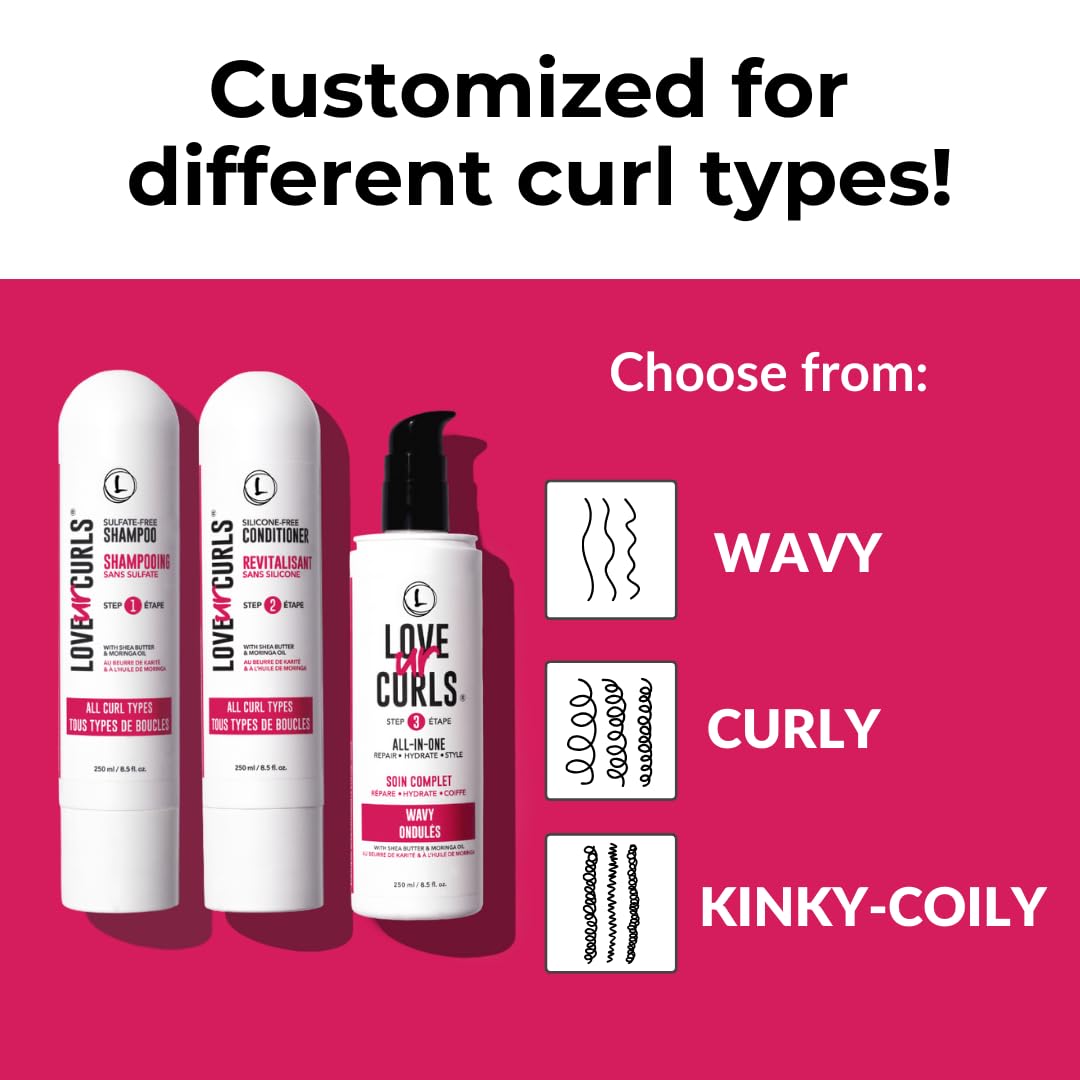 Love Ur Curls - Shampoo & Conditioner Set with All in One Curl Cream Styler for Wavy Hair, 3 Step System for Repair and Moisturizing