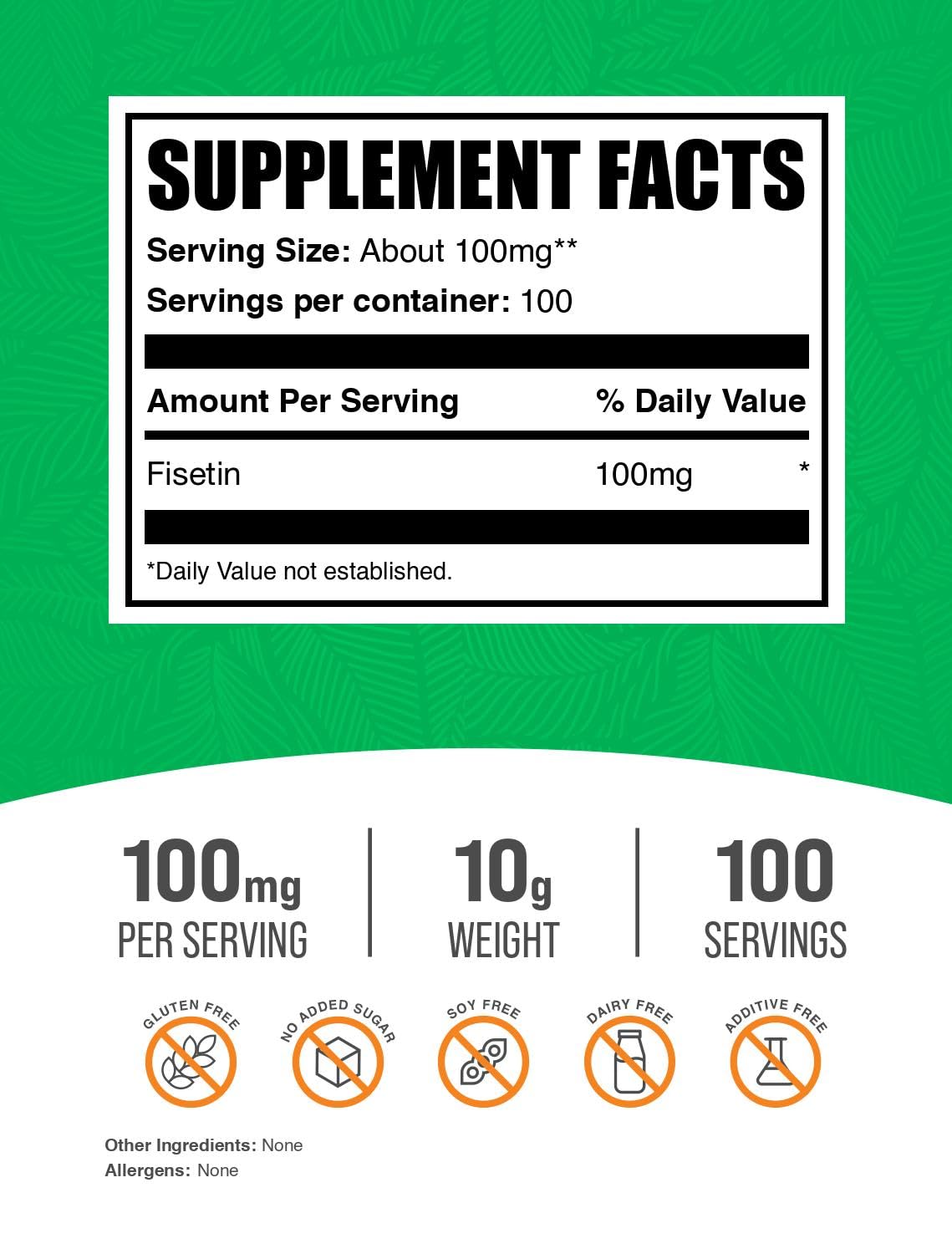 BulkSupplements.com Fisetin Powder - Nutritional Supplement, Fisetin 100mg, Antioxidants Source - Pure & Gluten Free, 100mg per Serving, 10g (0.35 oz) (Pack of 1)