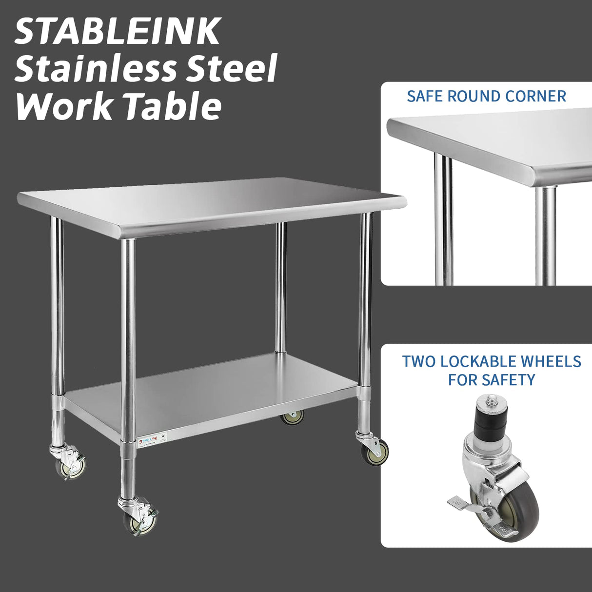 STABLEINK Stainless Steel Table with Wheels 24 x 36 Inches, NSF Commercial Prep & Workbench with Adjustable Undershelf and Casters, for Commercial Kitchen, Restaurant, Hotel, Laundry and Garage