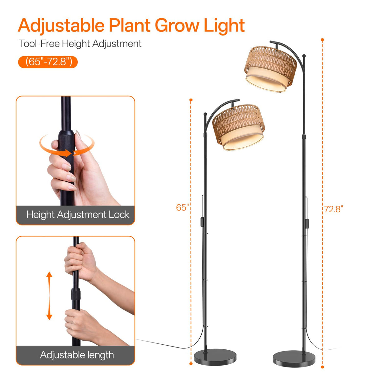 Bstrip 65-72.8 Inches Adjustable Grow Light for Indoor Plants, Boho Rattan & Fabric Shade Standing Grow Lamp, 25W 3000K Full Spectrum LED Plant Light with Auto On/Off Timer