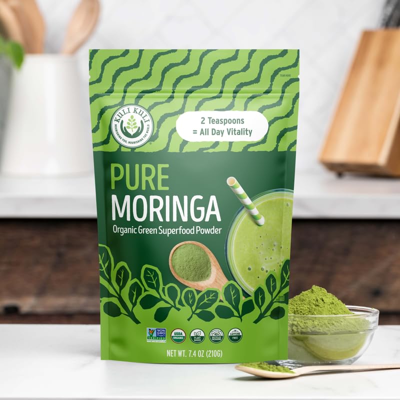 Kuli Kuli Moringa Oleifera Organic Leaf Powder & Green Smoothie, 100% Pure USDA Certified & Non-GMO Moringa Powder, Great with Smoothies, Tea, and Food, 4 Pack