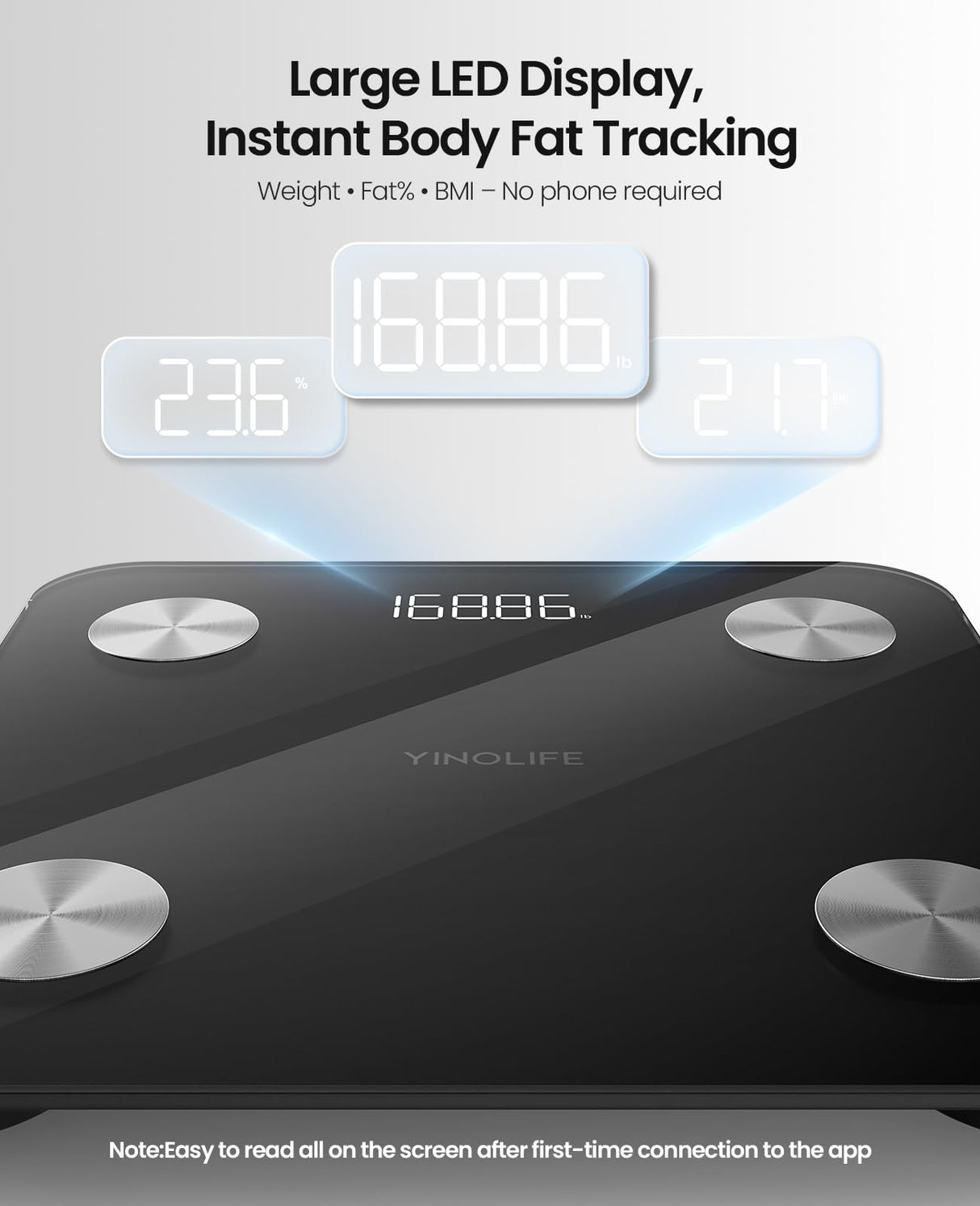 YINOLIFE Scale for Body Weight, Digital Smart Bathroom Weight Scale with BMI, Body Fat, Muscle Mass, Accurate 20 Body Composition Scale, 10.2" Compact Scale with APP, 400lb, Black