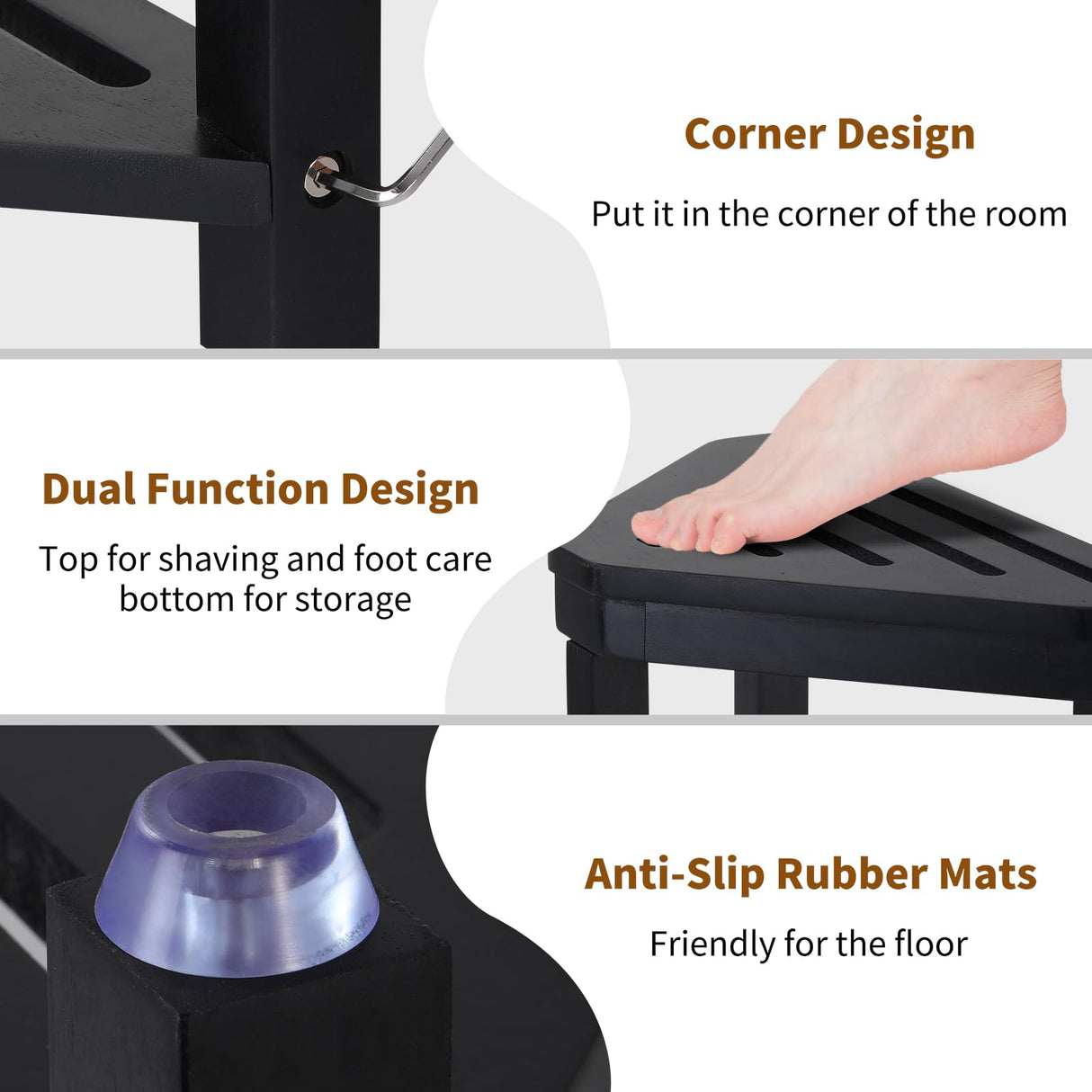 Boulphia Shower Foot Rest 14in, Acacia Wood Shower Stool for Shaving Legs (Black)