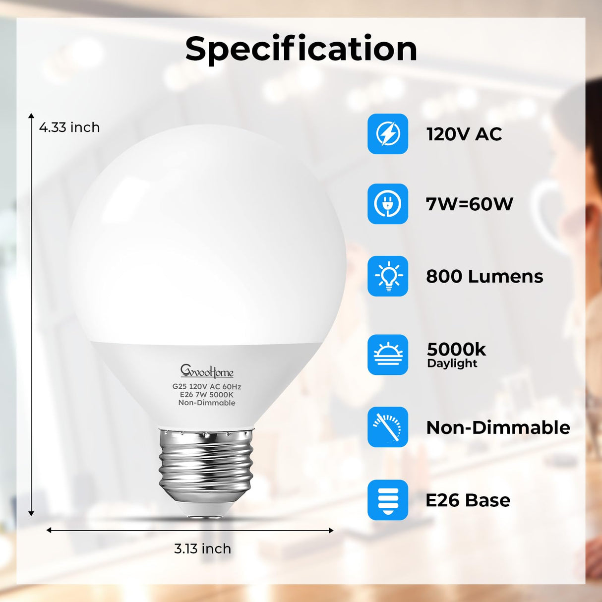 GvvooHome Vanity Light Bulbs for Bathroom, G25 LED Globe Light Bulbs for Makeup Mirror Dressing Room, 60W Equivalent, 5000K Daylight, 800LM, E26 Base, Non-Dimmable, 6-Pack