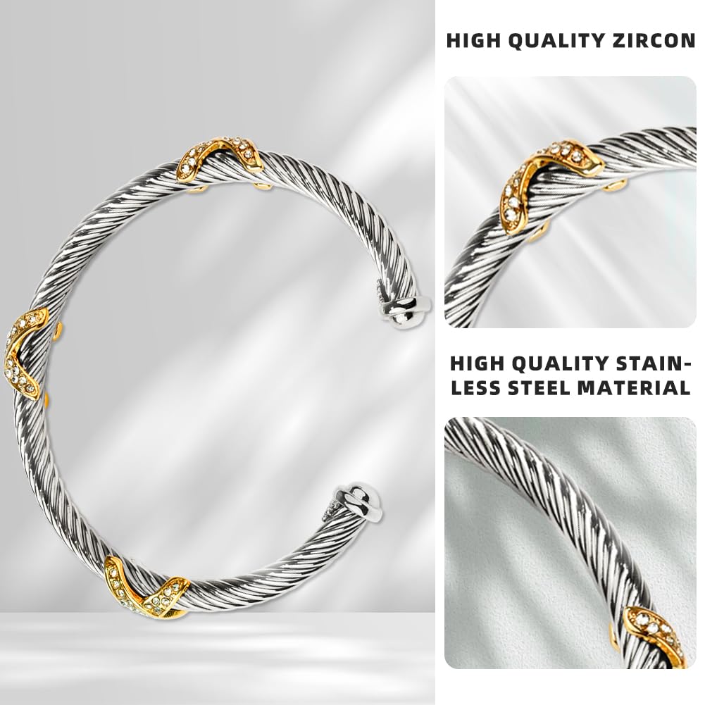 Twisted Cable Bracelets for Women Adjustable 5mm Thin Stainless Steel Cuff Bangle Designer Inspired david+yurman bracelet Christmas Day Gifts (C Silver & Gold)