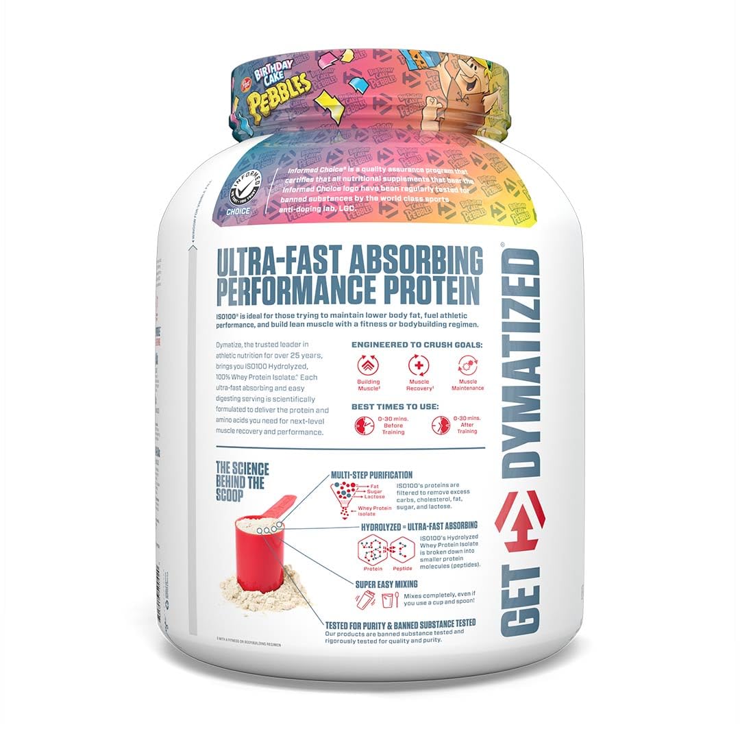 Dymatize ISO100 Whey Protein Powder Isolate, Birthday Cake, 25g of Protein, 5 Pound, 5.5g BCAAs, Less Than 120 Cal., Gluten Free, 1g Fat, 1g Sugar, 2g Carb (75 Servings)