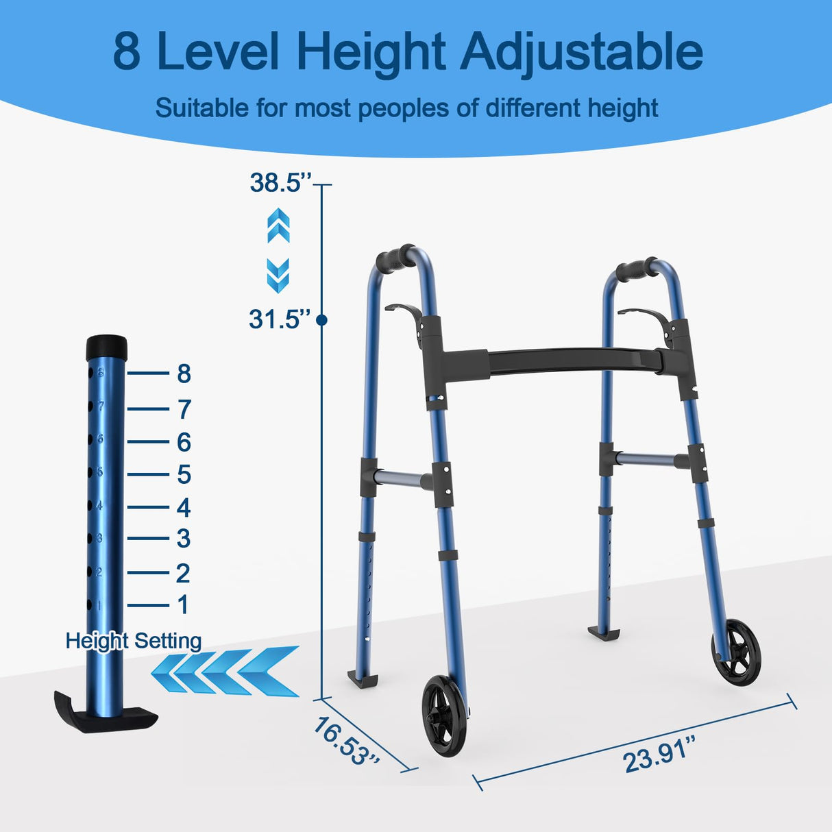 Loyoda Folding Walkers for Seniors,FSA/HSA Eligible Medical Walker 5'' Front Wheel Lightweight Walker with Storage Bag and Skis Glides Height Adjustable Aluminum Compact Standard Walker (Blue)