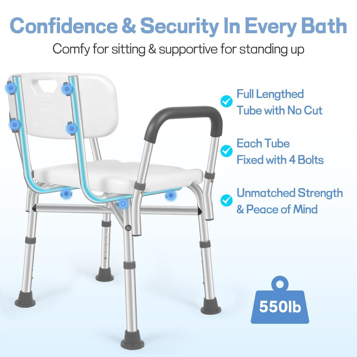 TABEKE Shower Chair for Inside Shower, FSA/HSA Eligible 500lb Compact Shower Chair with Backrest & Padded Armrest, Height Adjustable Shower Bench W.Suction Cups, Shower Seat for Elderly and Disabled