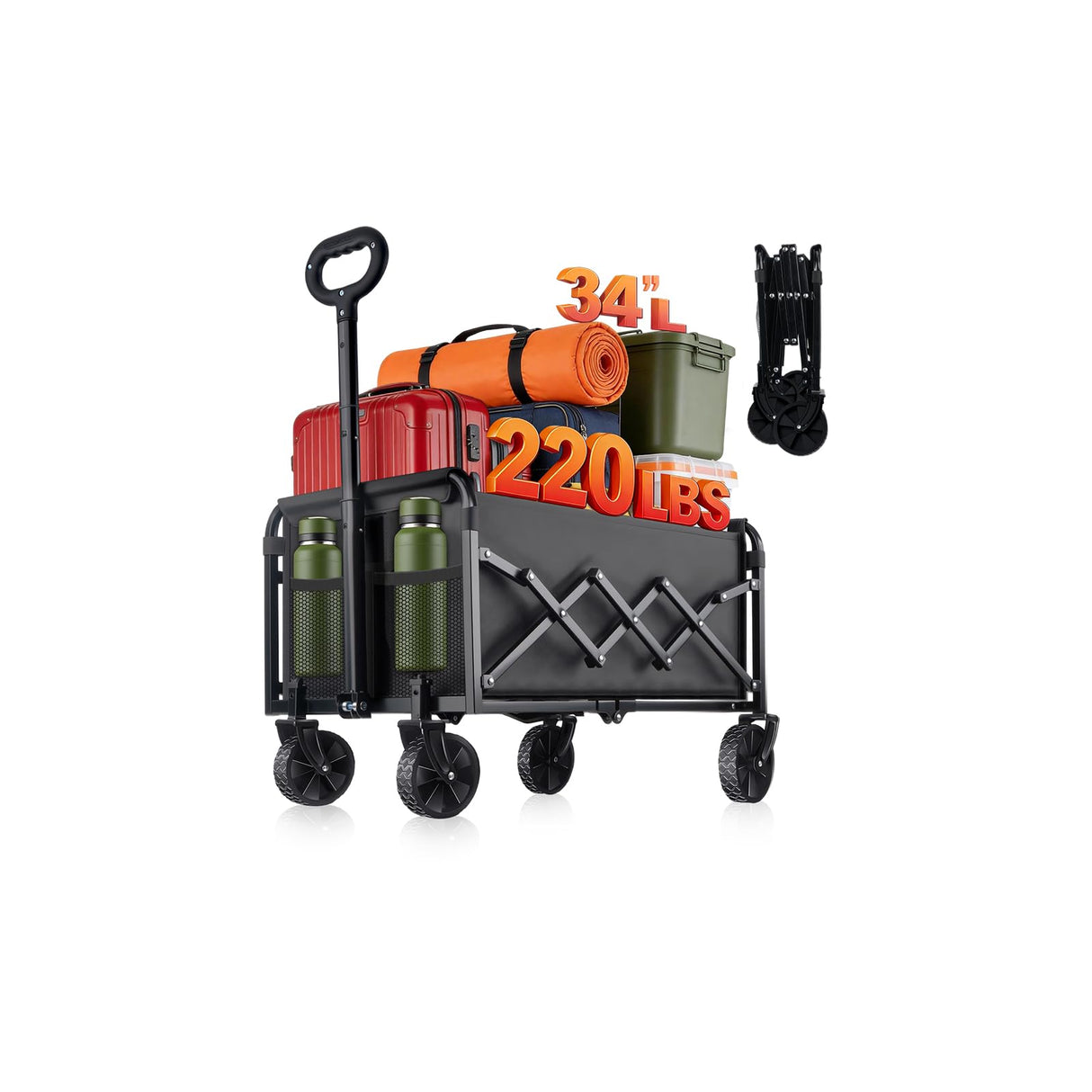 220LBS Small Collapsible Foldable Wagon Carts Portable with 2 Drink Holders