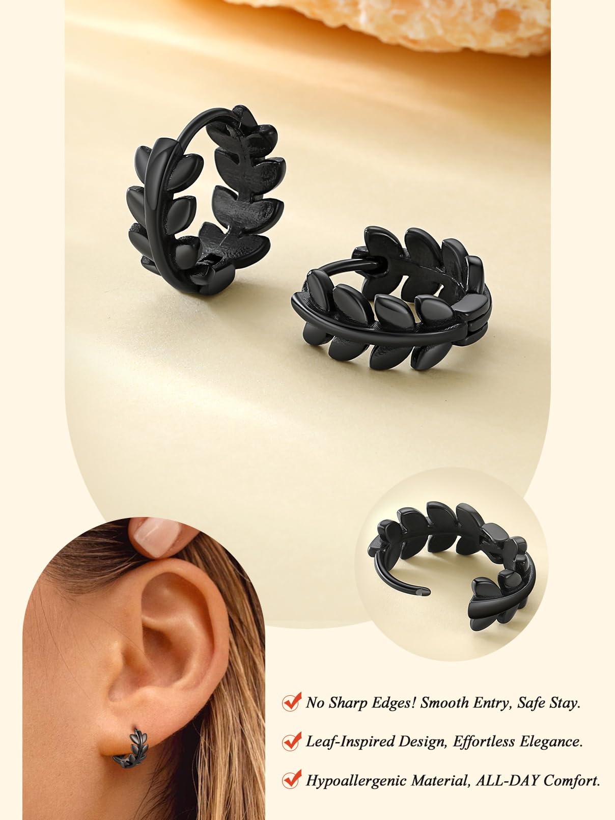 FaithHeart Small Black Leaf Hoop Earrings for Women, Black Stainless Steel Huggie Hoops Earrings Lightweight Hypoallergenic Jewelry for Sensitive Ears