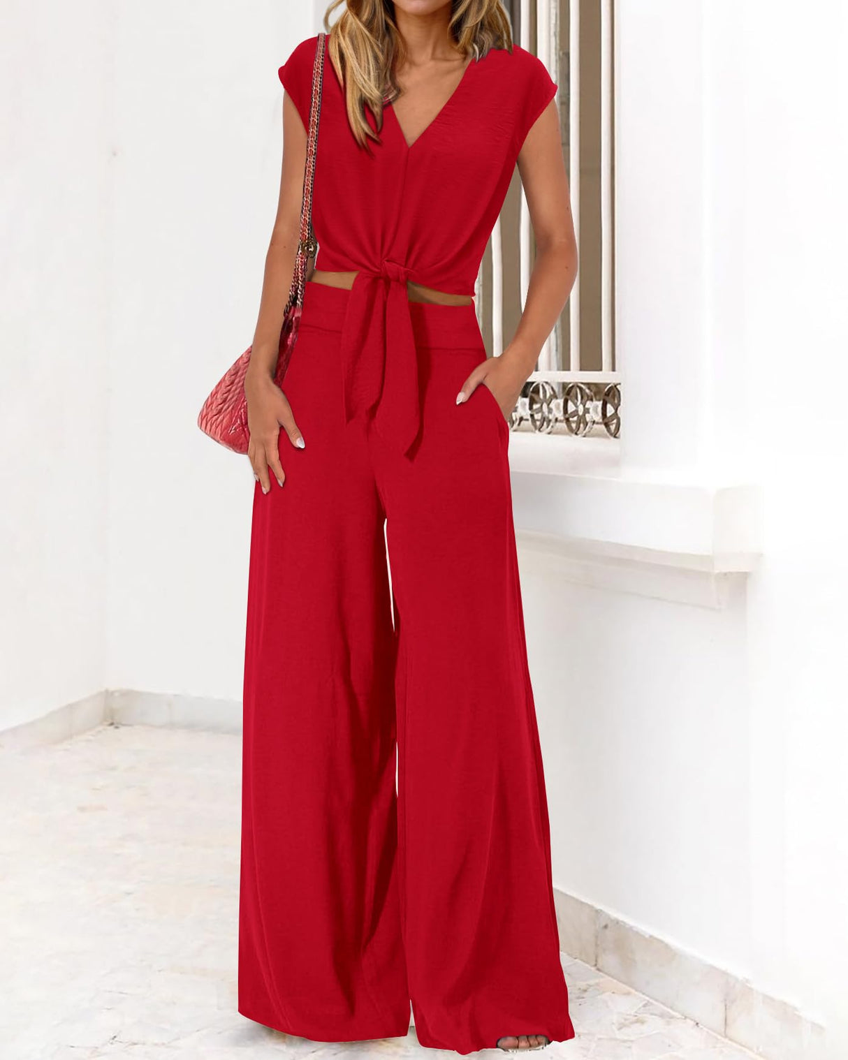 PRETTYGARDEN Women's Casual Summer Outfits 2 Piece Cute Cap Sleeve Tie Front Tops Loose Fit Pant Fashion Airport Outfit(Solid Red,Medium)