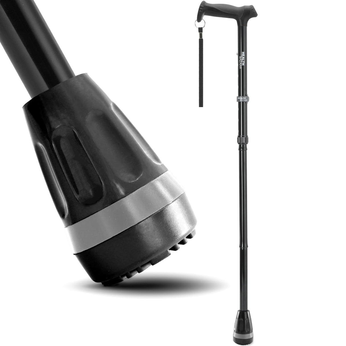 HEALTHBAZAAR All Terrain Walking Cane for Men & Women, Lightweight, Foldable, Adjustable, Shock Absorption, Collapsible Walking Stick for Seniors (Black)