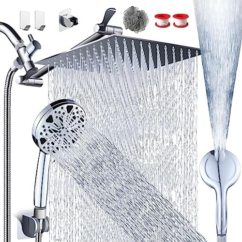 12''Rainfall Shower Head with Handheld Combo High Pressure 8+2 MODE built-in power wash, Stainless Steel Chrome Showerhead with 11'' Extension Arm Height/Angle Adjustable with Holder&60"Hose