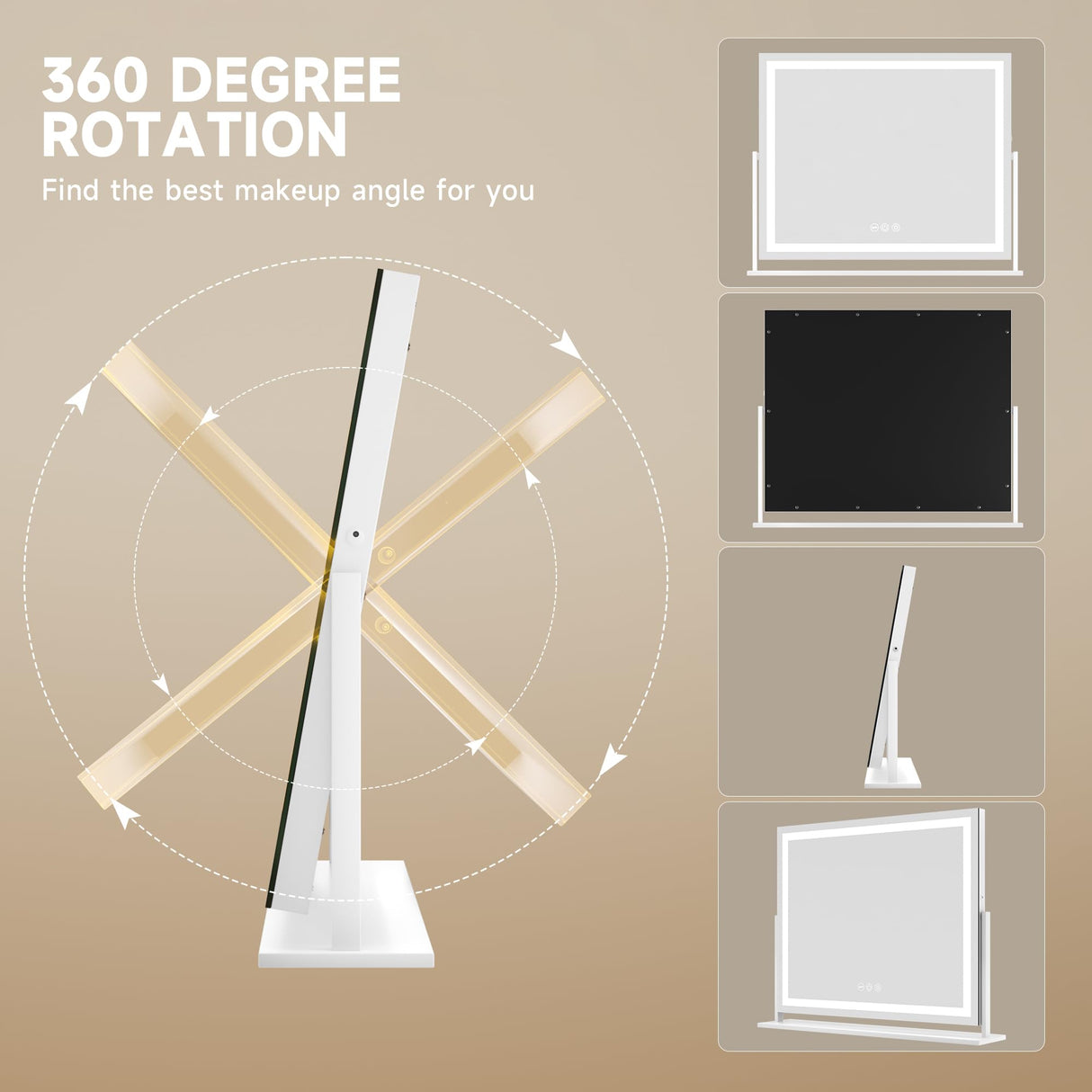 Hasipu Vanity Mirror with Lights, 23.6" x 18.1" LED Makeup Mirror, Light up Mirror with Smart Touch 3 Colors Dimmable, Brightness Adjustment, 360ยฐ Rotation (White)