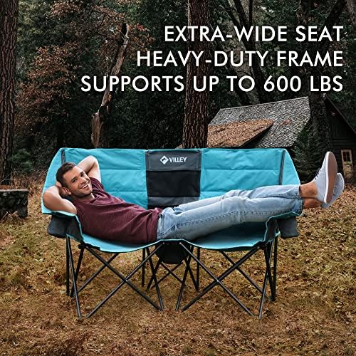 VILLEY Double Camping Chair w/Cooler Bag, Extra Wide Loveseat, Heavy Duty Padded Camping Couch, Portable Folding Chair w/Carry Bag Steel Frame Cup Holders for Camp Lawn Picnic Sports, Support 600LBS