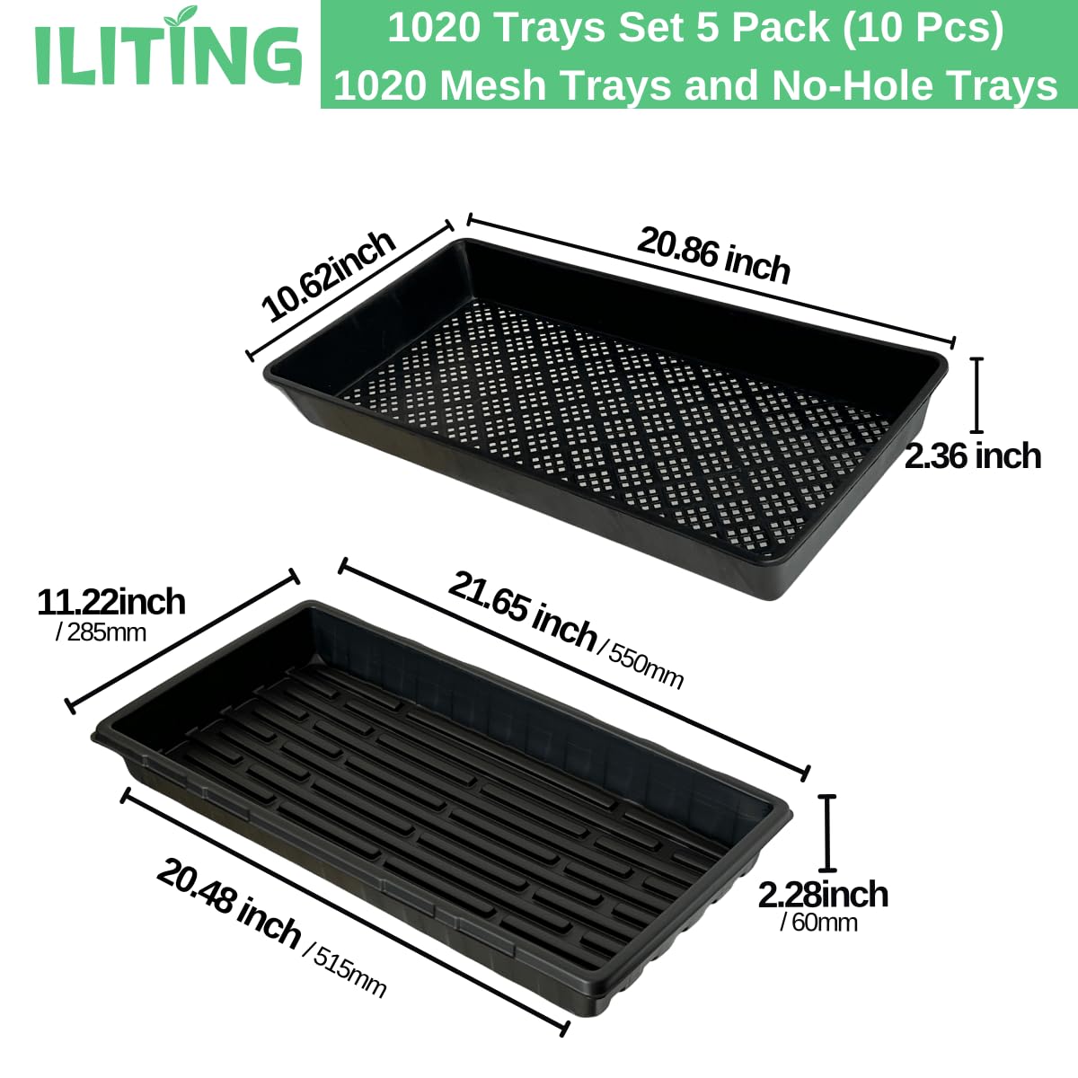 ILITING 1020 Trays Set - 5 Pack (10 Pcs) Durable 1020 Mesh Tray and No-Hole Tray, Ideal Soil Blocking Trays for Seedlings, Microgreens, and Hydroponics, Heavy-Duty