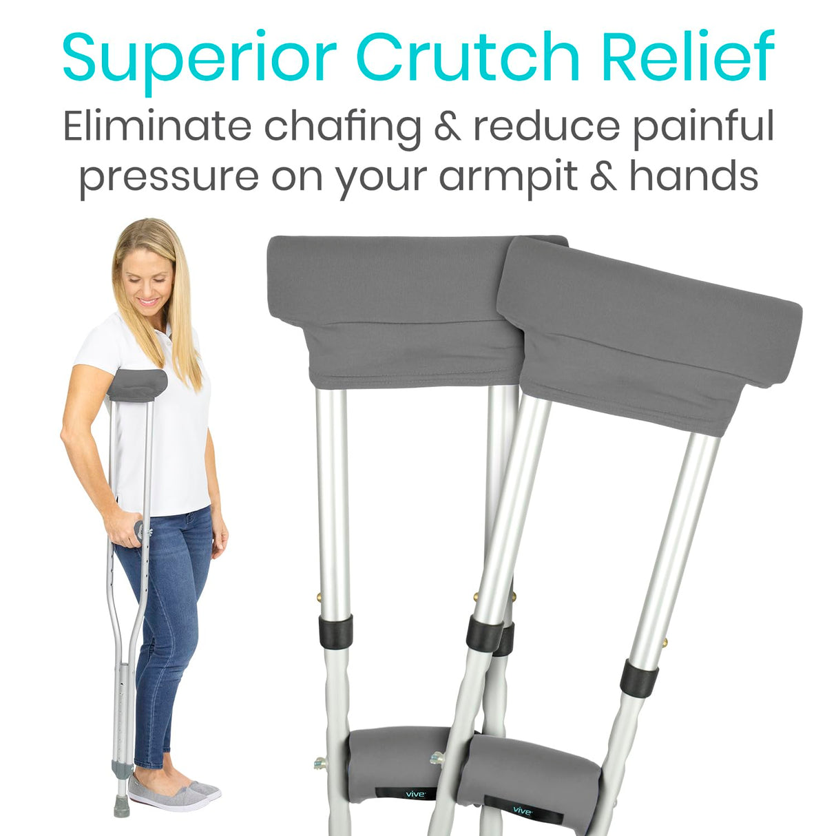 Vive Crutch Pads & Hand Grips - Padding for Walking Arm Crutches - Universal Underarm Padded Forearm Handle Pillow Covers for Hand Grips - Soft Foam Armpit Accessories for Adults, Kids (Gray)