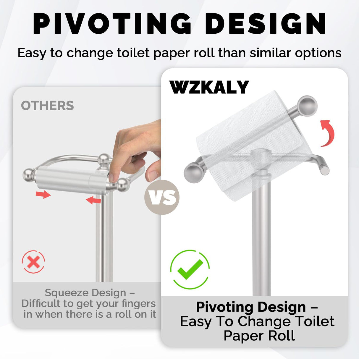 WZKALY Toilet Paper Holder Stand, Brushed Nickel Toilet Paper Holder Free Standing, Post Pivoting Design & Stable Weighted Base SUS304 Stainless Steel for Bathroom(Mega Roll)