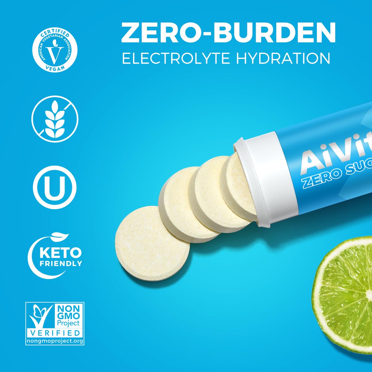 AiVital™ Sugar Free Electrolyte Tablets, Essential Electrolytes with BCAA and Selenium for Active Hydration-No Sugar, Keto Friendly, Vegan and Non-GMO, 40 Servings
