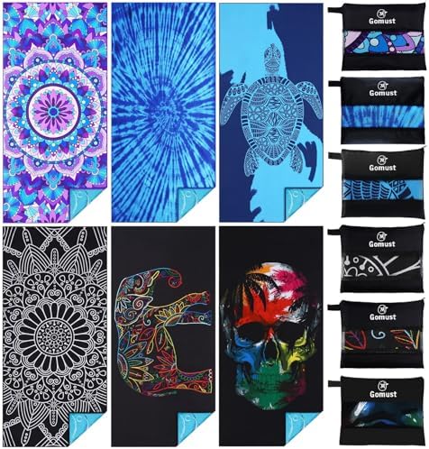 6 Pack Lightweight Thin Beach Towel Oversized 71"x32" Big Extra Large Microfiber Sand Free Towels for Adult Quick Dry Travel Camping Beach Accessories Gift Sea Turtle Tie Dye Mandala Elephant Skull