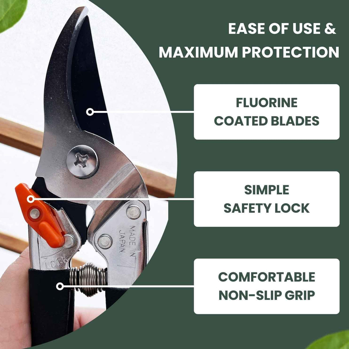 Saboten Japanese Pruning Shears 7.9" – Professional Bypass Garden Clippers, Made in Japan, Sharp Carbon Steel Blade with Sap-Resistant Fluorine Coating, Cuts up to 3/4 in (20 mm) (Straight)