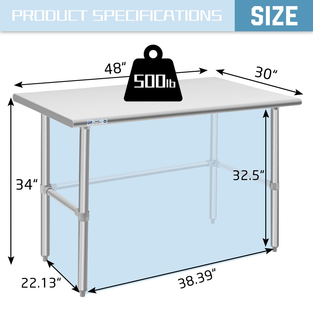 Hally Open Base Stainless Steel Table 30 x 48 Inches, NSF Commercial Heavy Duty Prep & Work Table with Galvanized Legs for Restaurant, Home and Hotel
