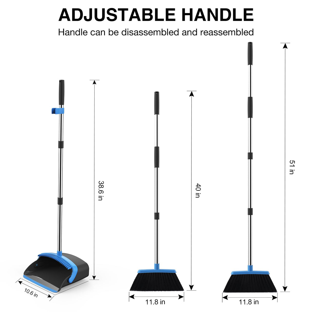 NACENA Broom and Dustpan Set, 52-in Long Adjustable Handle Broom Dustpan Combo with Dustpan Teeth to Automatically Clean Hair Suitable for Home Kitchen Office Hall Floor(Black&Blue)
