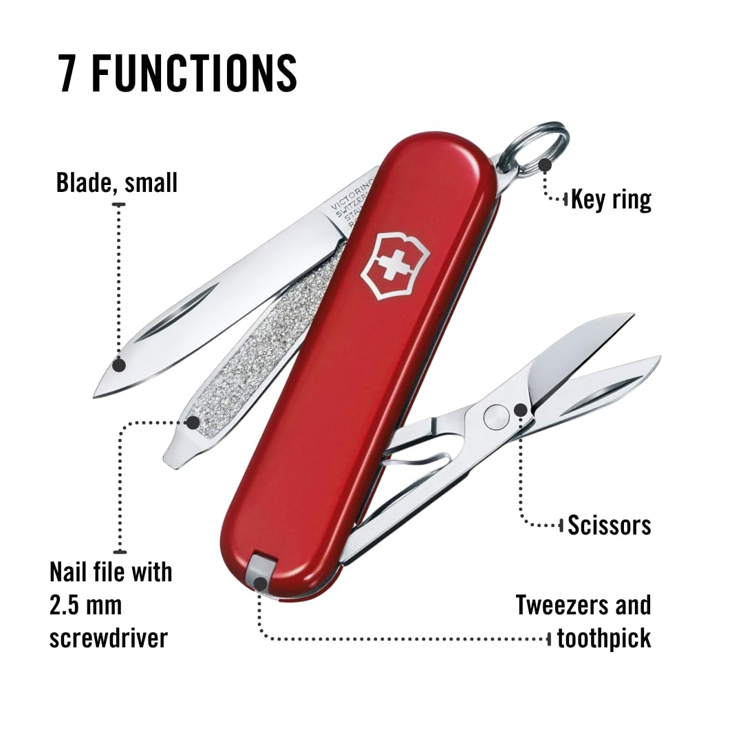 Victorinox Classic SD Swiss Army Knife, Compact, 7 Functions, Swiss Made Pocket Knife with Small Blade, Screwdriver and Key Ring - Style Icon (Red)