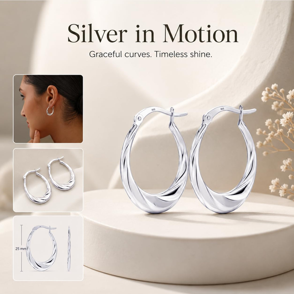 LeCalla 925 Sterling Silver Hoop Earrings | Lightweight Classic Small Oval Shrimp Hoops Earring for Women - 25MM