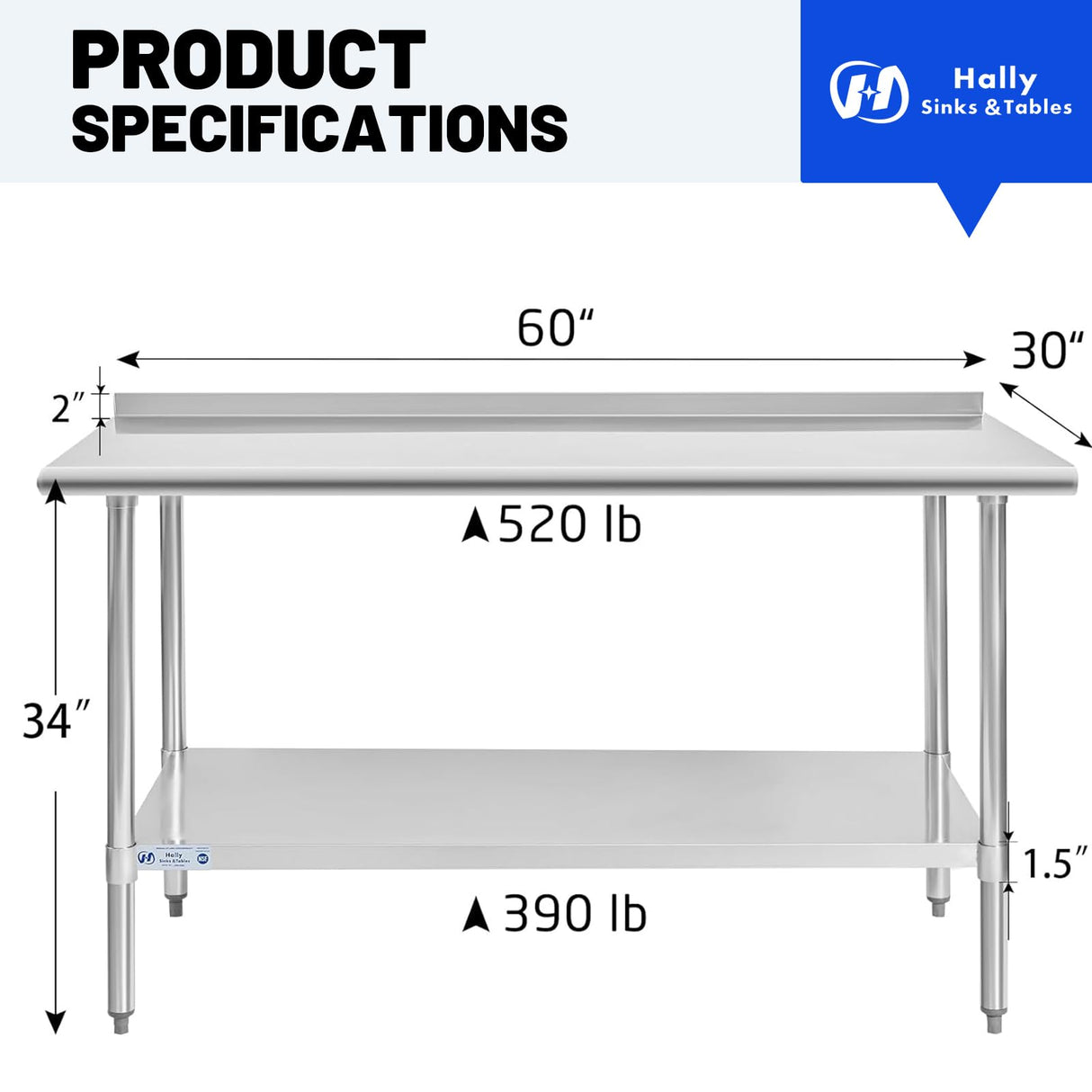 Hally Stainless Steel Table for Prep & Work 30 x 60 Inches, NSF Commercial Heavy Duty Table with Undershelf and Backsplash for Restaurant, Home and Hotel