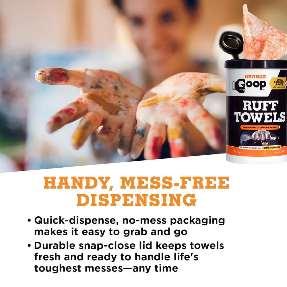 GOOP Orange Heavy Duty Ruff Towels with Scrubbing Power, 10โ x 12โ Dual Textured Multi-Purpose Cleaning Wipes, Removes Dirt, Grease, Oil, 72 Count