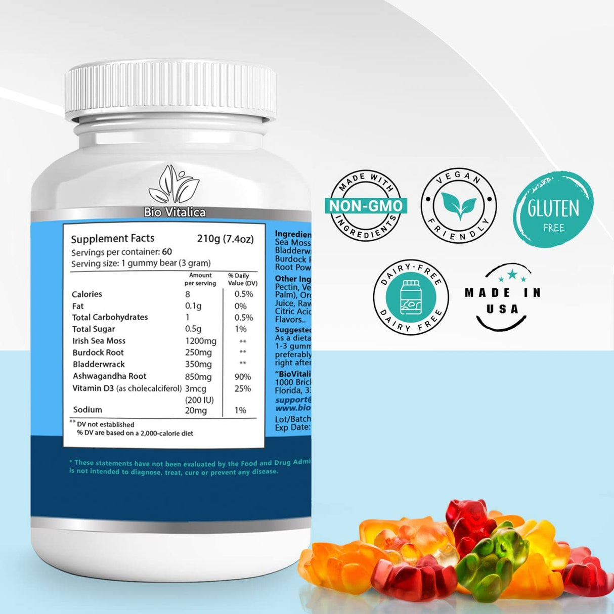 BIO VITALICA Sea Moss Ashwagandha Gummies - Organic Irish Seamoss & Ashwagandha Root Supplements for Supporting Energy & Immunity for Men & Women, 60 Vegan Gummies