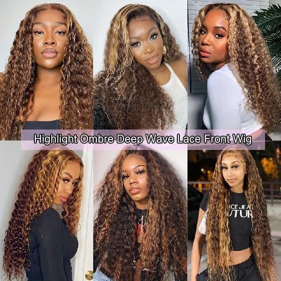 Ijowa 13x4 Highlight Ombre Deep wave Lace Front Wigs Human Hair P4/27 Colored HD Transparent Honey Blonde Curly Lace Frontal Wigs Pre Plucked 180% Density with Baby Hair 26inch