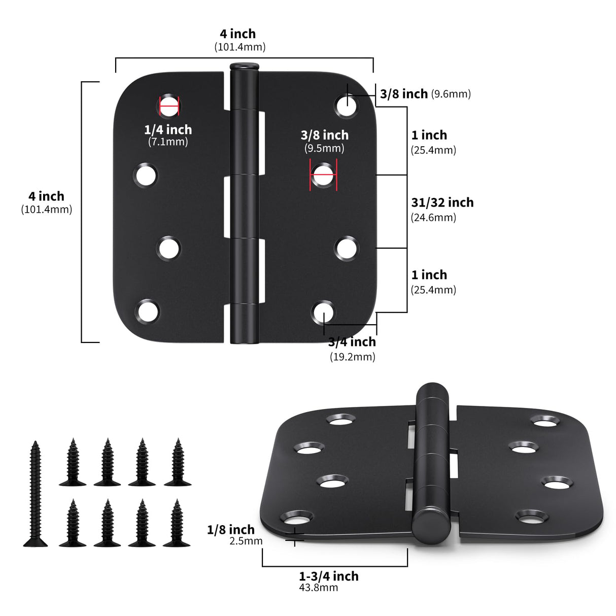 goldenwarm 12 Pack Interior and Exterior Door Hinges, Matte Black Door Hinges 4 inch x 4 inch with 5/8" Radius Corners