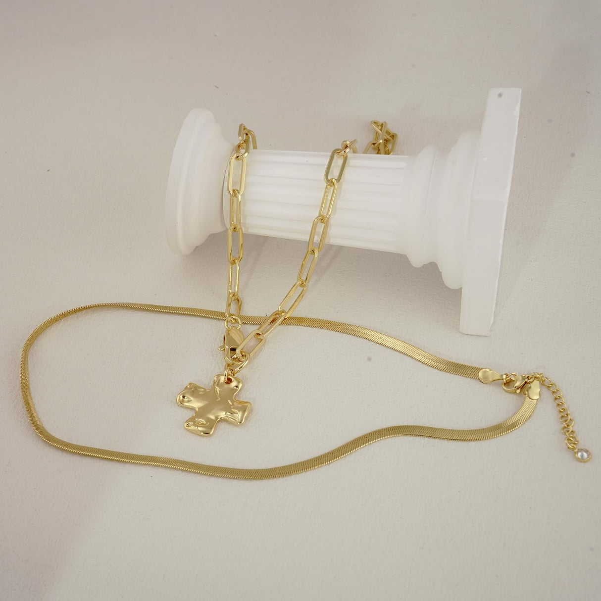 Bheop Chunky Cross Necklace for Women, Gold Layered Herringbone Necklace