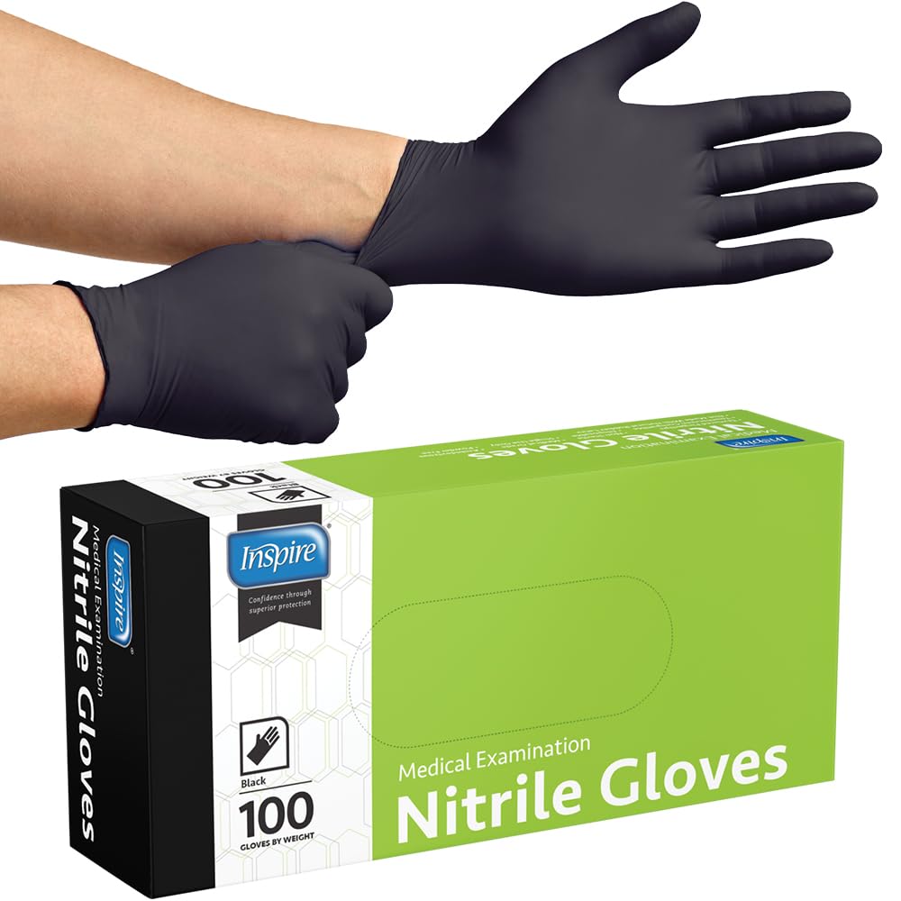 Inspire Black Nitrile Disposable Gloves | 4.5 Nitrile Disposable Safety Medical Cooking Cleaning Gloves (Black - Case Of 1000, Large)