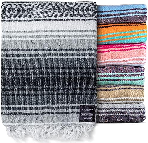 Benevolence LA Authentic Handwoven Mexican Blanket | Yoga Blankets, Outdoor, Picnic, Beach, Camping | Equestrian Saddle | Serape 50x70 inches - Gray, Pack of 1