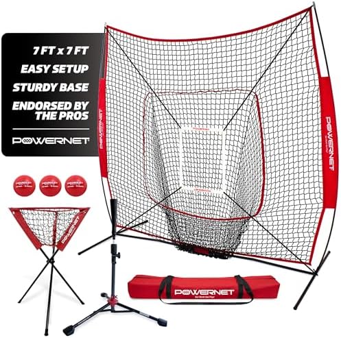 PowerNet Baseball Softball Practice Net 7x7 with Baseball Accessories for Practice Pitching, Batting & Fielding, Ball Caddy, Weighted Baseballs, Tee