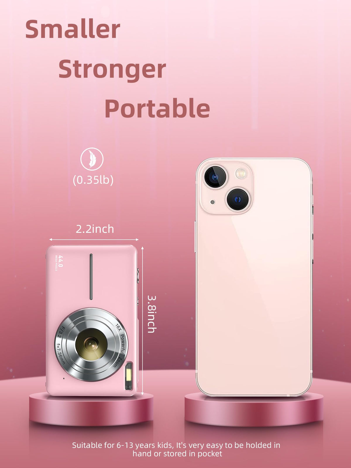 Camkory Digital Camera FHD 1080P with 32G Card 16X Zoom Easy for Kids Pink