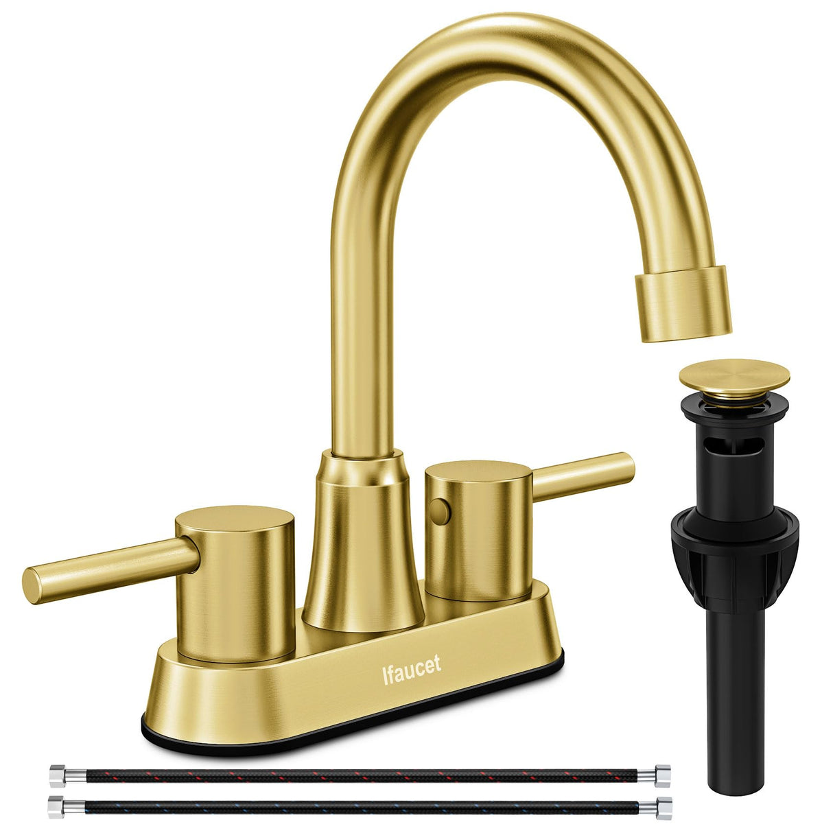 Gold Bathroom Faucet, Brushed Gold Bathroom Faucet, Gold Faucets for Bathroom Vanity, 4 Inch 2 Handle Centerset, Lead-Free, with Copper Pop Up Drain (Brushed Gold)