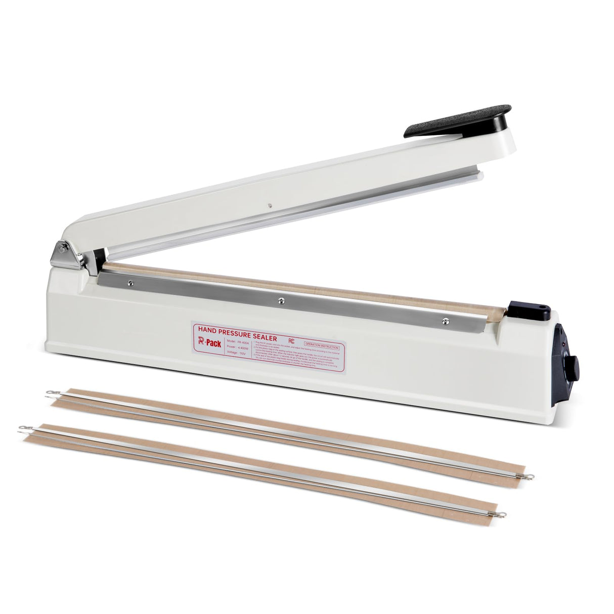 R-PACK Impulse Heat Sealer with Cutter, Heavy-Duty Bag Sealing & Cutting Machine, 2 Extra Replacements (White, 16-Inch)