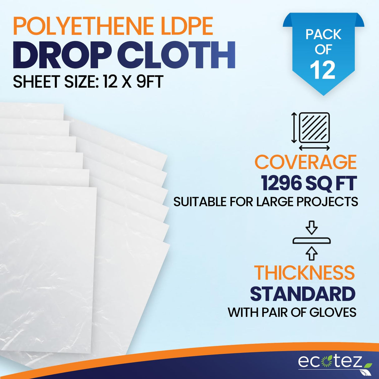 Ecotez 12 Pack 12 x 9 ft Extra Large Plastic Drop Cloth for Painting - Light & Durable Tarp Cover for Furniture - Plastic Clear Tarp Waterproof - Paint Floor Covering - Painters Drop Cloth Sheeting