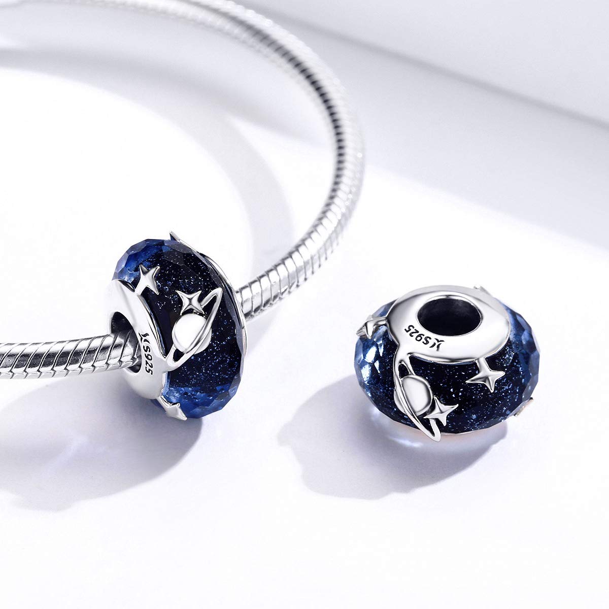 BISAER 925 Sterling Silver Murano Glass Charms Lampwork Star Beads Charm for Bracelet Blue Planet
