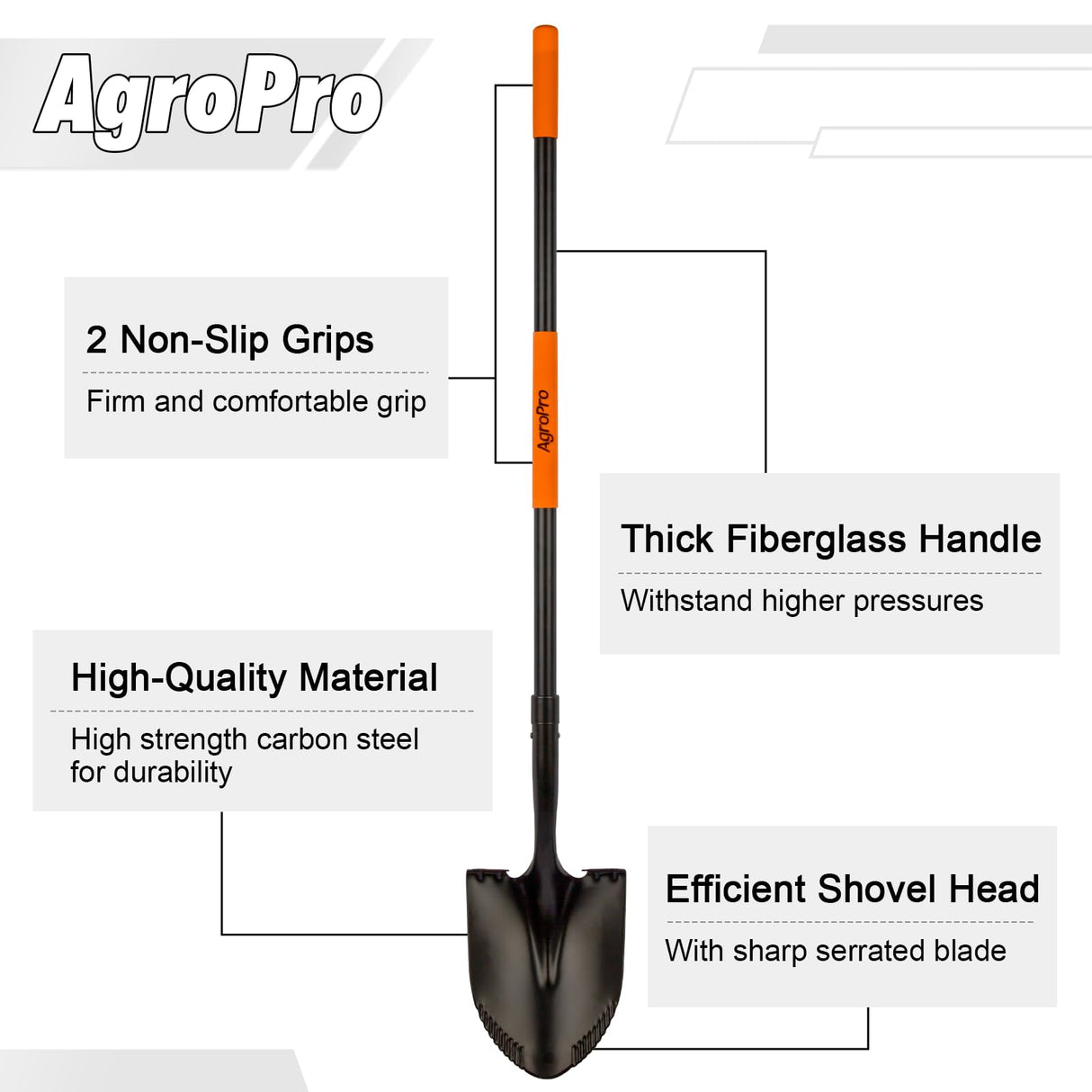 AgroPro Heavy Duty Shovel, 58 Inches, Black, High Carbon Steel, Fiberglass Handle, Modern Style