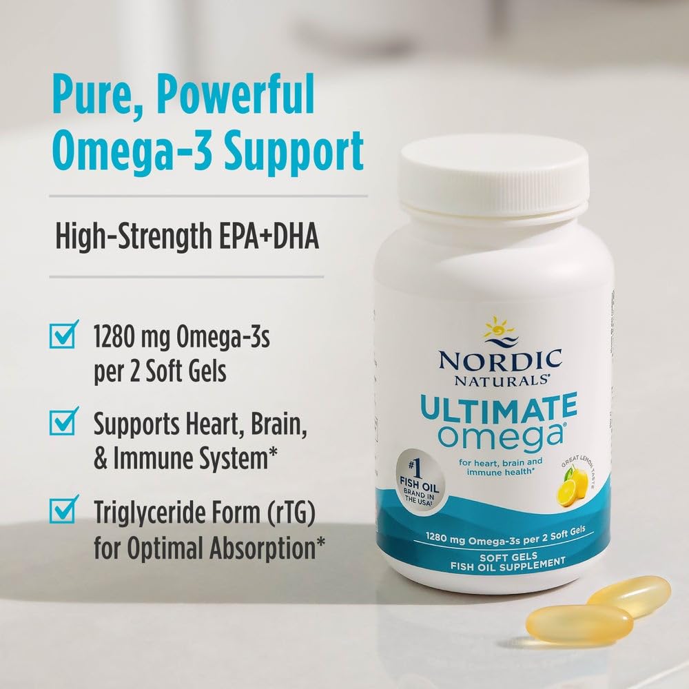 Nordic Naturals Ultimate Omega, Lemon Flavor - 60 Soft Gels - 1280 mg Omega-3 - High-Potency Fish Oil Supplement with EPA & DHA - Promotes Brain & Heart Health - Non-GMO - 30 Servings
