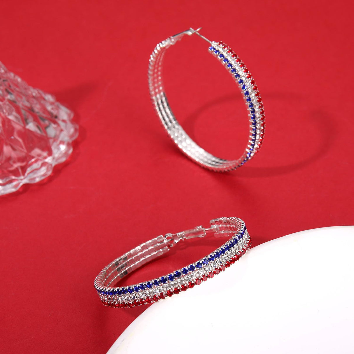 4th of July Earrings Sparkle Rhinestone Hoop Earrings Patriotic Red White and Blue Earrings Glitter Crystal Stainless Steel Hoop Earring for Women American Flag Jewelry