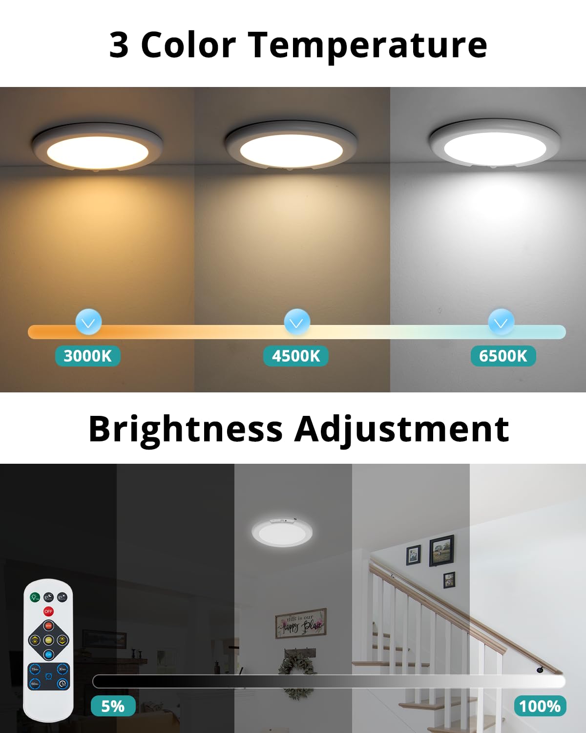 wowatt Rechargeable Ceiling Lights Battery Operated Ceiling Light with Remote Wireless Shower Lighting 3000K 4500K 6500K 7.48in Dimmable Timing Overhead Light for Closet Shower Living Room