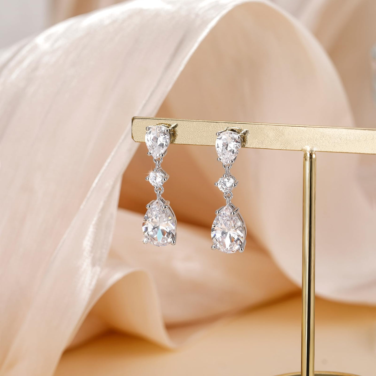 EAMTI Wedding Earrings for Brides Dangle Cubic Zirconia Pear Cut 925 Sterling Silver Post Engagement Earrings for Women