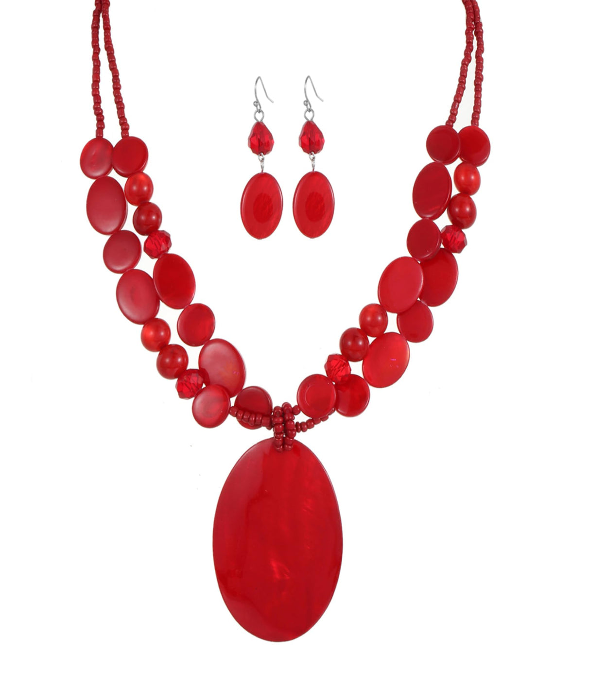 Rosslyons Big Oval Gemotric Pendant Necklace for women Double Strand Colorful Beads Statement Necklace and Earrings Set Fashion Jewelry Gifts (Red)