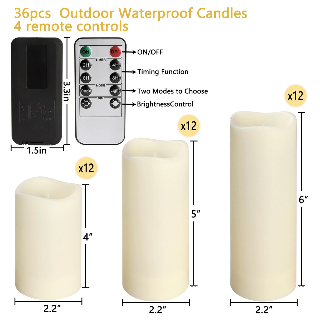 Wfmolcand 36-Pack Flickering Flameless Candles with Remote Control - LED Fake Candle Perfect for Wedding,Outdoor,Table,Halloween,Christmas Decor - Create a Magical Ambiance Effortlessly(Three Sizes)
